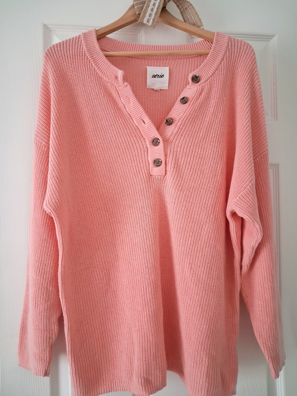 Aerie Cozy Strawberry Patch Pink Button Front Oversized Cotton Henley Sweater - Picture 2 of 6